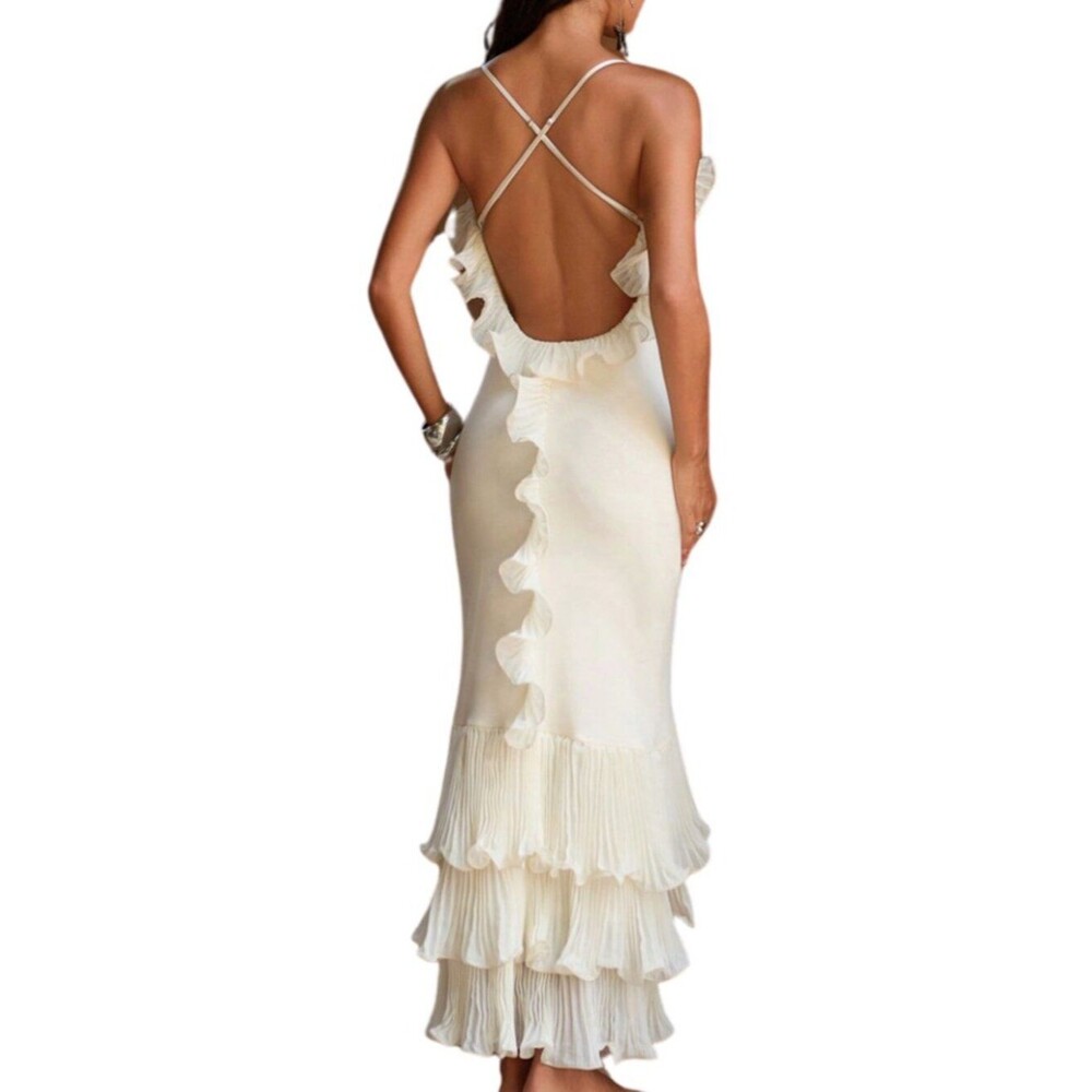 Cream Ruffle Trim Backless Mermaid Maxi Dress Boho Beach Vacation Party Sz M - Picture 4 of 10